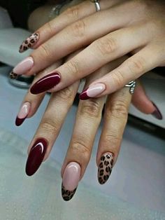 2021 Nail Trends, Red With Leopard Print Nails, Red Leopard Nail Designs, Leopard Print Nails Almond Shape, Burgundy And Cheetah Nails, Red And Cheetah Print Nails, Red Lepord Print Nail, Fall Leopard Nail Designs, Nail Leopard Design