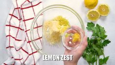 lemon zest and parsley in a glass bowl on a white surface with the title lemon zest