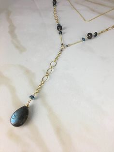 Labradorite London blue topaz 14K GF Necklace Elegant Drop Labradorite Jewelry, Elegant Labradorite Drop Jewelry, Elegant Lariat Jewelry For Healing, Gf Necklace, Amazonite Jewelry, Karma Necklace, Amazonite Necklace, Multi Sapphire, Bead Necklaces