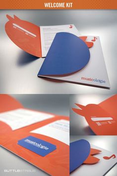 an orange and blue folded brochure with the words welcome kit on it's side