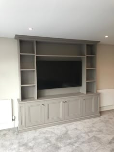 Grey TV Media unit with cupboards Shallow Tv Built In, Tv Bookcase Wall Bedroom, Media Unit With Storage, Media Wall Around Window, Tv Storage Wall Unit, Tv Media Wall With Storage, Tv Wall Unit Small Space, Media Wall Victorian House, Tv Storage Unit Living Room