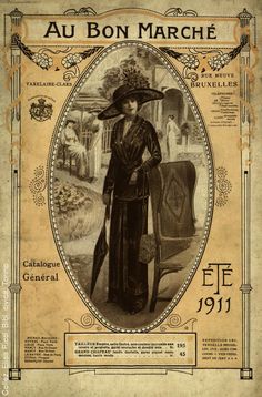 an old fashion advert featuring a woman in a long dress and hat, with the words au bon marche on it