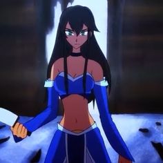 an animated image of a woman with long black hair and blue outfit holding a knife