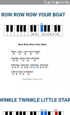 a keyboard with the words row row row your boat on it and an image of a piano