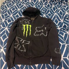 Fox Fox Racing Rare Rare Grunge Y2k Monster Energy Fox Racing Zip Up Fur Hoodie Size: Men's / Us Medium Monster Energy Hoodie, Metal Outfit, Fox Racing Clothing, Fur Hoodie, Grunge Y2k