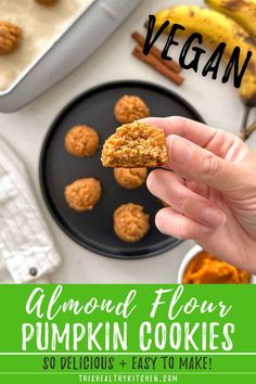 vegan almond flour pumpkin cookies on a black plate with the title text overlay