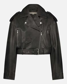 A cropped leather jacket is a foolproof way to polish off an outfit, without feeling weighed down in bulk. The shorter hem of our Marlin leather jacket for women is perfect for experimenting with proportions, whether paired with high-waisted jeans for daily wear or a mini skirt for evenings out. Handcrafted from the finest lamb leather, this cropped moto jacket only improves with age. Complete with an off-center zipper closure, belt detail, zipper pockets, and a bold collar adorned with silver h Cropped Leather Winter Outerwear, Cropped Leather Outerwear For Work, Cropped Biker Leather Jacket For Work, Cropped Biker Leather Jacket, Designer Cropped Leather Jacket For Work, Cropped Leather Jacket For Work, Black Cropped Leather Biker Jacket, Edgy Leather Cropped Jacket With Long Sleeves, Edgy Cropped Leather Outerwear