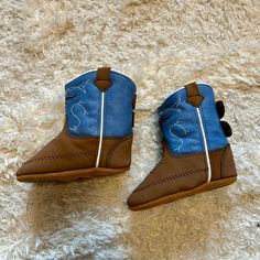 Never Worn, Great Condition. Smoke-Free Home. Cute Brown Booties For Playtime, Casual Blue Booties For Playtime, Casual Blue Booties With Soft Sole, Spring Brown Booties With Soft Sole, Brown Casual Booties For Playtime, Casual Brown Booties For Playtime, Baby Boy Boots, Baby Cowboy Boots, Cowboys Boots