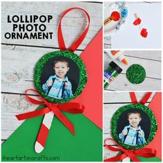 a christmas ornament with a photo on it and red ribbon hanging from the top