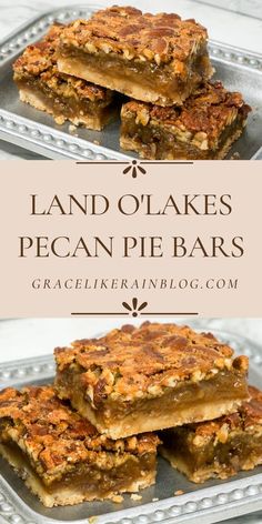 three pieces of pecan pie bars stacked on top of each other with text overlay