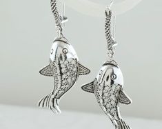 925 Sterling Silver Fish Dangle Earrings Solid Silver - Etsy Sterling Silver Fish-shaped Jewelry, Silver Fish-shaped Earrings With Ear Wire, Elegant Jewelry With Fish Hook For Gift, Handmade Silver Fish-shaped Earrings, Elegant Sterling Silver Earrings With Fish Hook, Silver Sterling Fish-shaped Earrings, Silver Fish-shaped Earrings With Fish Hooks, Silver Fish-shaped Sterling Silver Earrings, Nickel-free Silver Fish-shaped Earrings