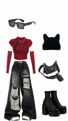 Concert Cool Outfit, Red And Black Outfits For Concert, Red Top And Black Jeans Outfit, Red Black Concert Outfit, Red Acubi Outfit, Red And Black Outfits Concert, Black And Red Outfit Concert, What To Wear For A Concert