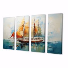 three paintings of sailboats in the ocean