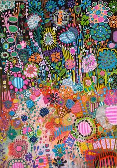 an abstract painting with flowers and plants in the center, surrounded by other colorful objects