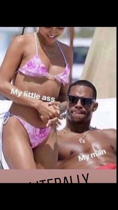 a man and woman in bikinis sitting next to each other with the caption literally