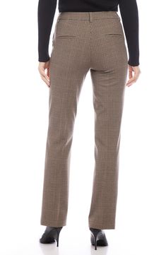 A high waist and plenty of pockets lend practical appeal to slim-fitting plaid pants perfect for sprucing up your weekday wardrobe. 32" inseam; 16 1/2" leg opening; 10 3/4" front rise; 14" back rise (size 8) Zip fly with hook-and-bar closure Front slant pockets; back welt pockets 62% polyester, 33% viscose, 5% elastane Dry clean Imported Classic Plaid Pants For Business Casual, Classic Plaid Pants For Workwear, Tailored Houndstooth Bottoms For Fall, Classic Plaid Business Casual Pants, Fitted Trousers With Houndstooth Pattern, Fitted Houndstooth Trousers, Business Casual Bottoms With Welt Pockets For Fall, Plaid Straight Leg Pants For Fall, Plaid Full Length Pants For Fall