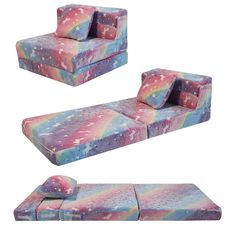 two couches with rainbow colored covers and matching pillows are shown in three different positions