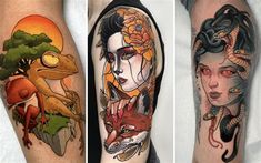 three different tattoos on the legs of people with animals and birds in them, one is colored