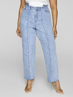 Plus Size High Rise Seam Detail Relaxed Fit Jeans | Fashion to Figure Autumn Fashion Curvy, Size 12 Fashion, Ankle Length Jeans, Fashion To Figure, Fall Denim, Jeans Fabric, Denim Maxi Skirt, Denim Trends, Ribbed Knit Top