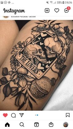 a woman's thigh with a skull and flowers tattoo on the side of her leg