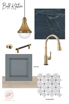 a kitchen design board with gold and grey accents