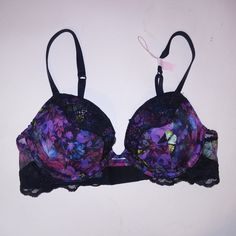 Victoria Secret Bra 32b Push Up Black Purple Shine Strap Floral Very Sexy Underwire New With Tags *Bundle To Save Chavonne11 073124 Purple Bras, Pretty Bras, Sports Bra Top, Soft Cup Bra, Racerback Bra, Victoria Secret Bras, Bra Straps, Bra Set, Lace Bra