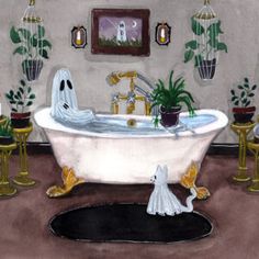 a painting of a bathtub with candles and potted plants