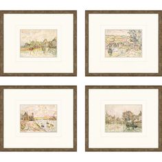 four framed art pieces in brown and white frames