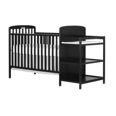 a baby crib with a changing table and shelf next to it on a white background