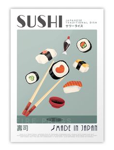 sushi poster with chopsticks flying through the air and sushi on it