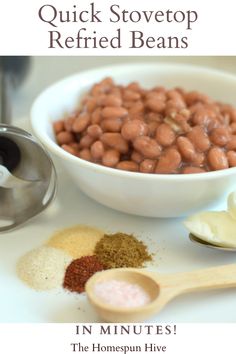 Quick Stovetop Refried Beans Recipe Refried Beans Seasoning, Stovetop Refried Beans, Make Refried Beans From Canned Beans, Quick Refried Beans Recipe, Diy Refried Beans From Can, Simple Refried Beans, Refried Beans Recipe From Canned Beans, Making Refried Beans From Canned Beans, How To Season Refried Beans