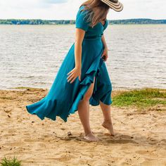 Romantic women's dress made of muslin in Spanish style in blue color. Very comfortable dress for walking along the sea or lake. The dress is easy to tie and size adjustable with the waistband.  The dress is sewn with Accent on the waist and neckline. The dress has small decorative sleeves in the form of ruffles. Soft and light fabric is very pleasant to the body. The sleeves will protect your shoulders from the sun.  The loose cut and the absence of long sleeves provide comfort and freedom of mo Blue Linen Maxi Dress For Beach, Blue Linen Summer Dress For Vacation, Blue Bohemian Linen Dress For Summer, Blue Linen Bohemian Maxi Dress, Summer Blue Linen Maxi Dress, Blue Bohemian Linen Maxi Dress, Turquoise Short Sleeve Maxi Dress For The Beach, Turquoise Short Sleeve Maxi Dress For Summer, Turquoise Short Sleeve Maxi Dress For Beach