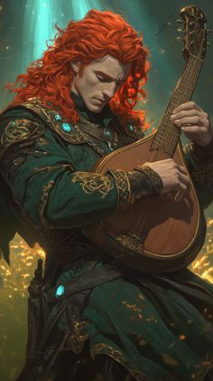 a painting of a man with red hair playing a guitar