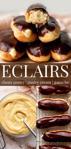 chocolate covered doughnuts on cooling rack with peanut butter and icing in bowl