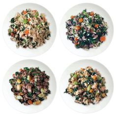 four white plates with different types of food on them, each containing meat and vegetables