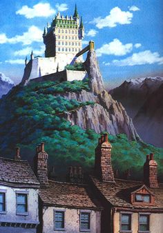 a painting of a castle on top of a hill in the middle of some buildings