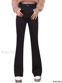 Katykey - Winter Lined Bootcut Jeans with High Waist for Women - Slimming Denim Pants in Solid Color - Stylish Womens Denim Clothing Non-stretch High Rise Jeans For Winter, Non-stretch High Rise Winter Jeans, Winter Stretch Jeans With Straight Leg, Winter Stretch Straight Leg Jeans, Mid-rise Cotton Flare Jeans For Winter, Winter Mid-rise Cotton Flare Jeans, Dark Wash Wide Leg Pants For Winter, Dark Wash Full-length Pants For Winter, Mid-rise Jeans For Winter Workwear