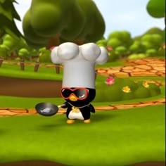 a cartoon penguin wearing a chef's hat and sunglasses with a spoon in his hand