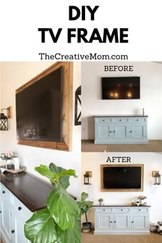 the before and after shots of a tv frame in a living room, with text overlay that reads diy tv frame