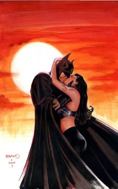 a painting of a couple dressed as batman and catwoman kissing in front of the sun