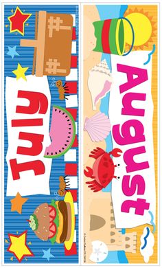 two banners with the words august and an image of fish, burgers, hamburger