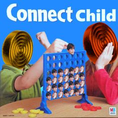 an advertisement for connect child with two children playing in front of the board game,