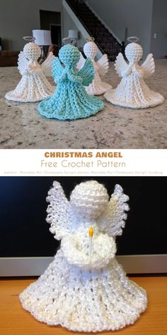 crocheted angel figurines are sitting on the counter next to each other