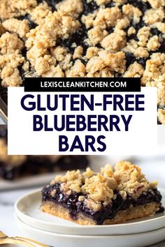 blueberry bars with crumbled toppings on top and text overlay reading gluten - free blueberry bars