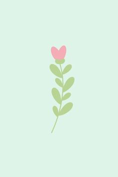 a single pink flower with green leaves on a light blue background in the shape of a heart