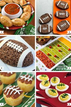 football themed desserts and cupcakes are featured in this collage for the super bowl