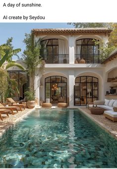 a house with a pool in front of it and some chairs around the pool area