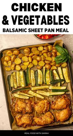 chicken and vegetables on a sheet pan with text overlay