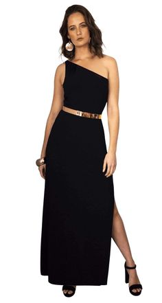 STYLE STAPLE One Shoulder Maxi Dress - House of Shakespeare Dramatic Entrance, One Shoulder Maxi Dress, Gold Belt, Gold Belts, Body Curves, Invisible Zip, Designer Dress, Gold Accessories, Side Split