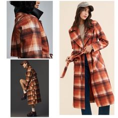 New With Tag Plaid Classic Trench Coat From Anthropologie In Size Extra, Extra Smalll. Oversized Style So This Fit Almost Like A Size Extra Small To Maybe Small: Trench Coat With Striking Plaid Pattern, Dramatic Lapels, And Self-Tie Belt At The Waist. * Double Breasted * Large Lapels * Classic Long Trench * Patch Pockets * Self-Tie Belt * Content & Lining: 100% Polyester * Model: 5'9, Size S * Center Back Length: 45”, 24” Sleeves, 17” Pit To Pit, 16” Waist. No Trades. Always Open To Reasonable O Spring Oversized Orange Outerwear, Oversized Orange Outerwear For Spring, Rust Long Sleeve Outerwear For Fall, Casual Orange Outerwear For Fall, Chic Orange Outerwear For Work, Long-sleeved Rust Outerwear For Winter, Oversized Orange Outerwear For Work, Trendy Orange Outerwear For Work, Plaid Winter Jacket